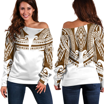 Polynesian Off Shoulder Sweatshirt Custom Polynesian Tattoo Style (Brown)