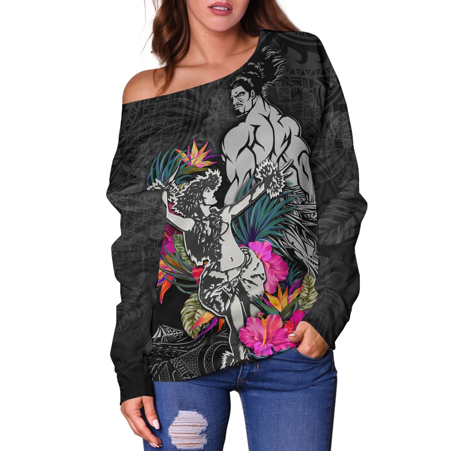 Hawaii Off Shoulder Sweatshirt Hawaiian Girl And Warrior With Tropical Flowers