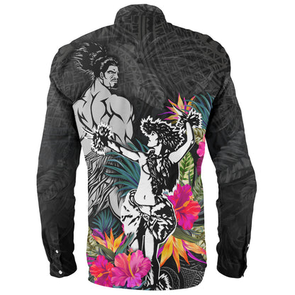 Hawaii Long Sleeve Shirt Hawaiian Girl And Warrior With Tropical Flowers