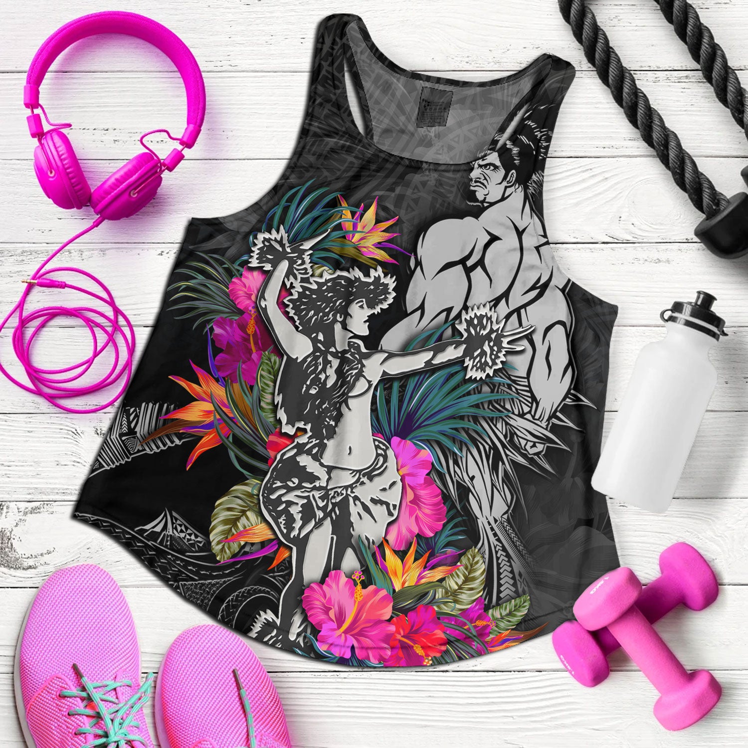 Hawaii Women Tank Hawaiian Girl And Warrior With Tropical Flowers