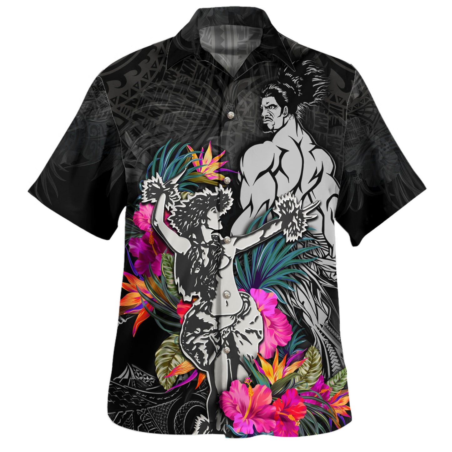 Hawaii Hawaiian Shirt Hawaiian Girl And Warrior With Tropical Flowers