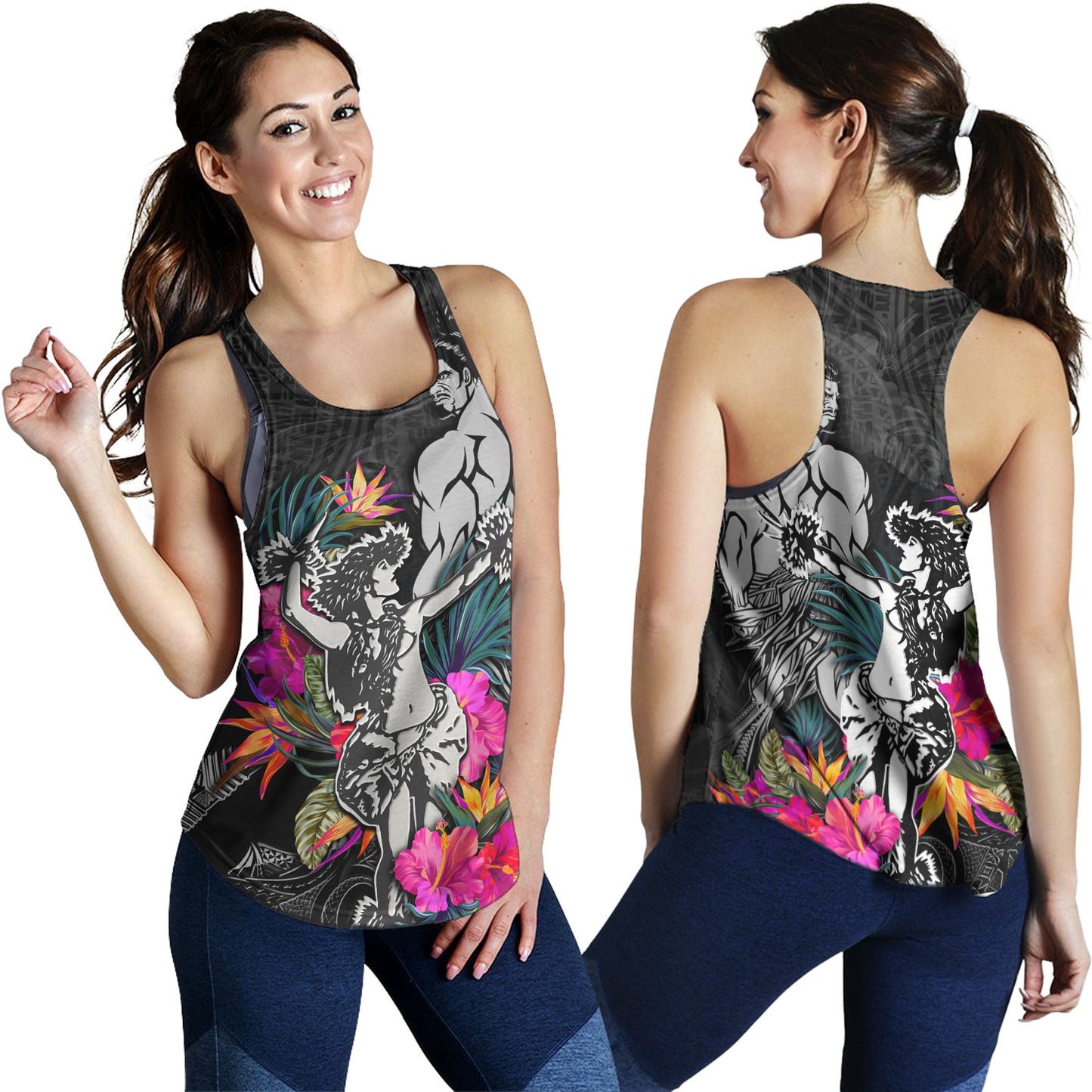 Hawaii Women Tank Hawaiian Girl And Warrior With Tropical Flowers