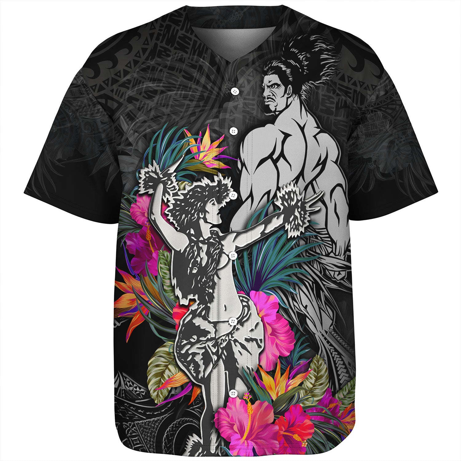Hawaii Baseball Shirt Hawaiian Girl And Warrior With Tropical Flowers
