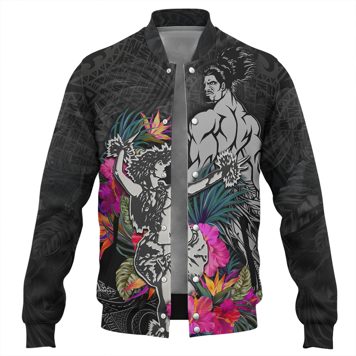 Hawaii Baseball Jacket Hawaiian Girl And Warrior With Tropical Flowers