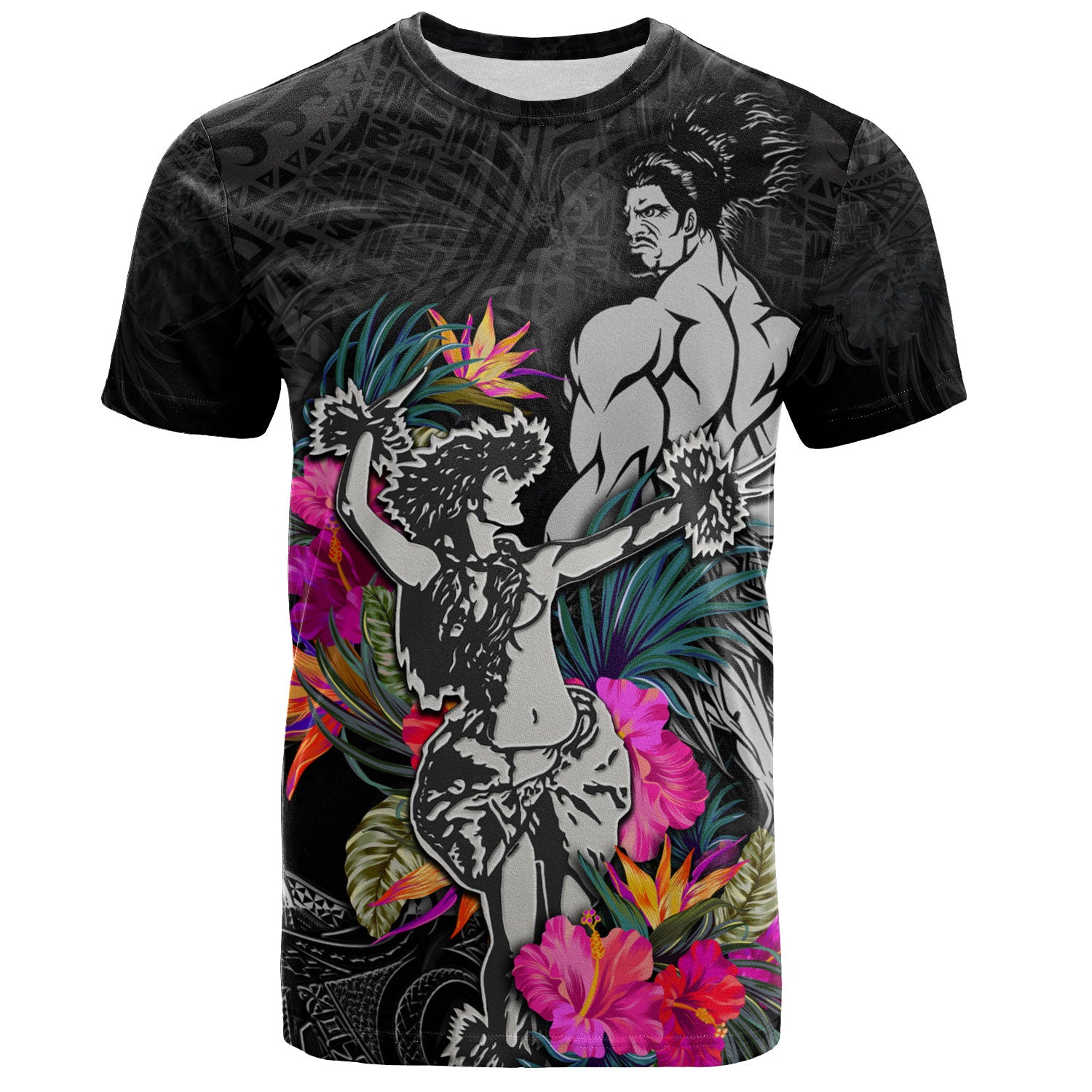 Hawaii T-Shirt Hawaiian Girl And Warrior With Tropical Flowers