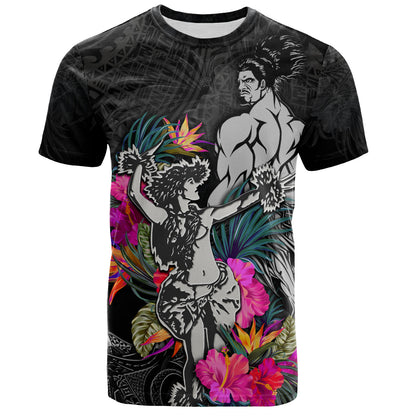 Hawaii T-Shirt Hawaiian Girl And Warrior With Tropical Flowers