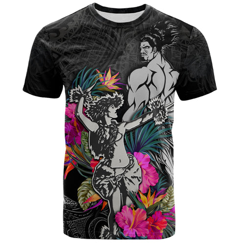 Hawaii T-Shirt Hawaiian Girl And Warrior With Tropical Flowers