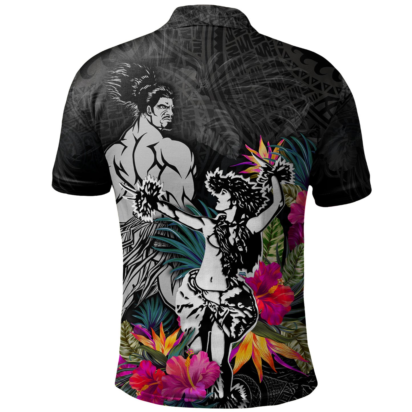Hawaii Polo Shirt Hawaiian Girl And Warrior With Tropical Flowers