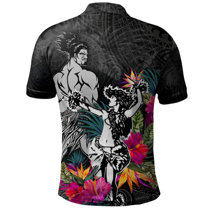 Hawaii Polo Shirt Hawaiian Girl And Warrior With Tropical Flowers