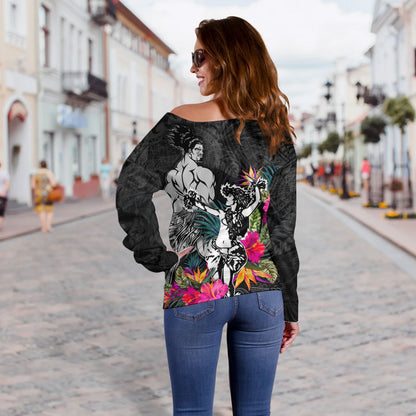 Hawaii Off Shoulder Sweatshirt Hawaiian Girl And Warrior With Tropical Flowers
