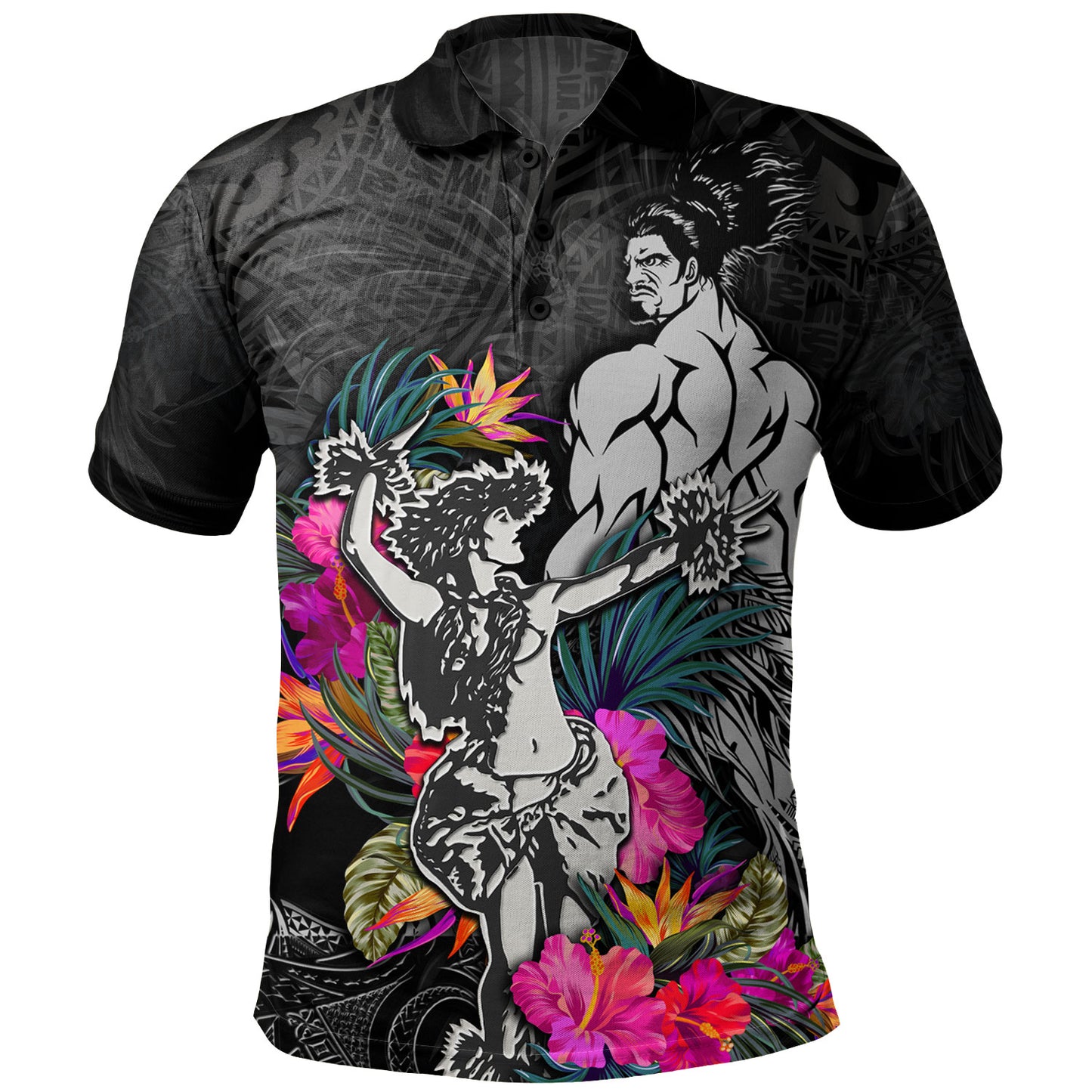 Hawaii Polo Shirt Hawaiian Girl And Warrior With Tropical Flowers