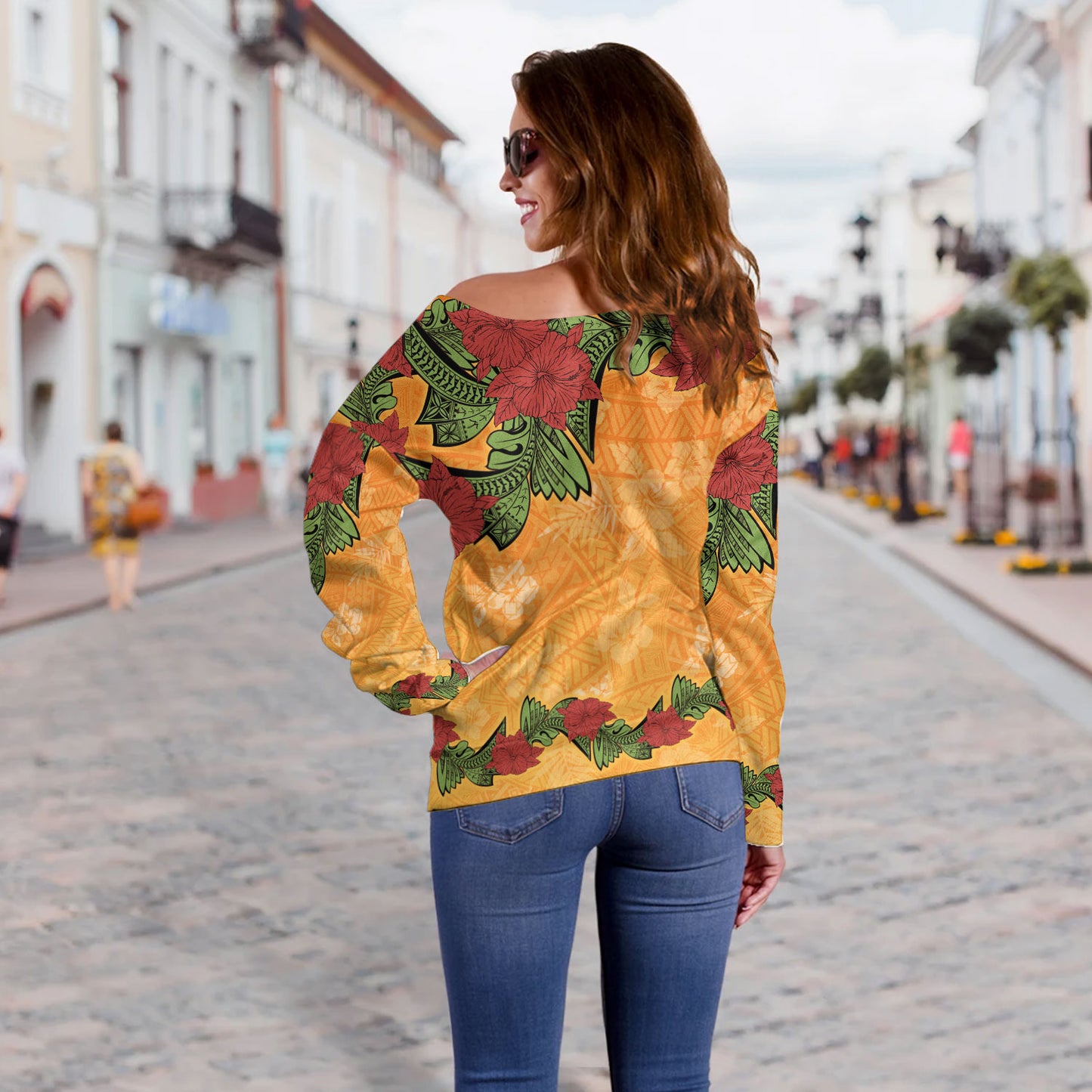Polynesian Off Shoulder Sweatshirt Tropical Flowers Polynesian Tribal Motif