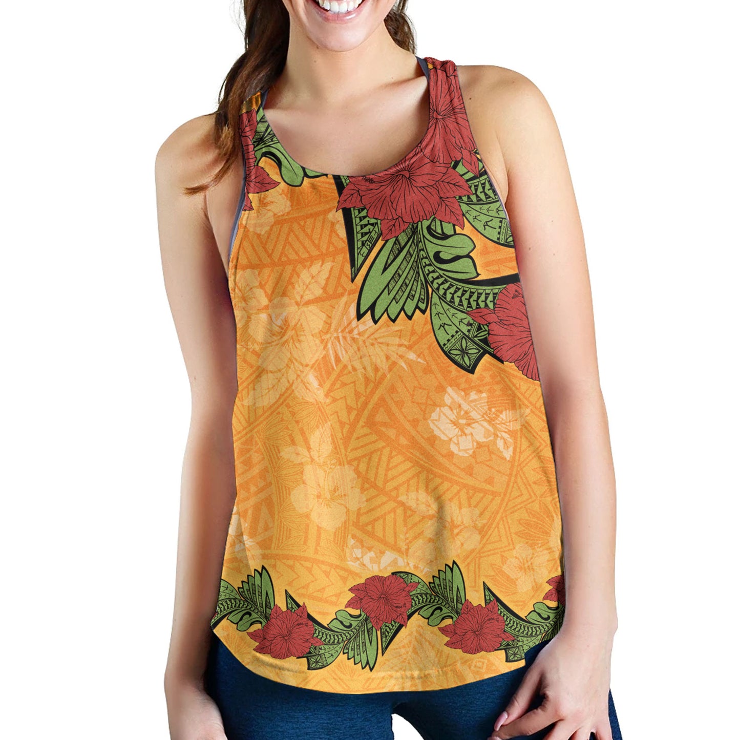 Polynesian Women Tank Tropical Flowers Polynesian Tribal Motif