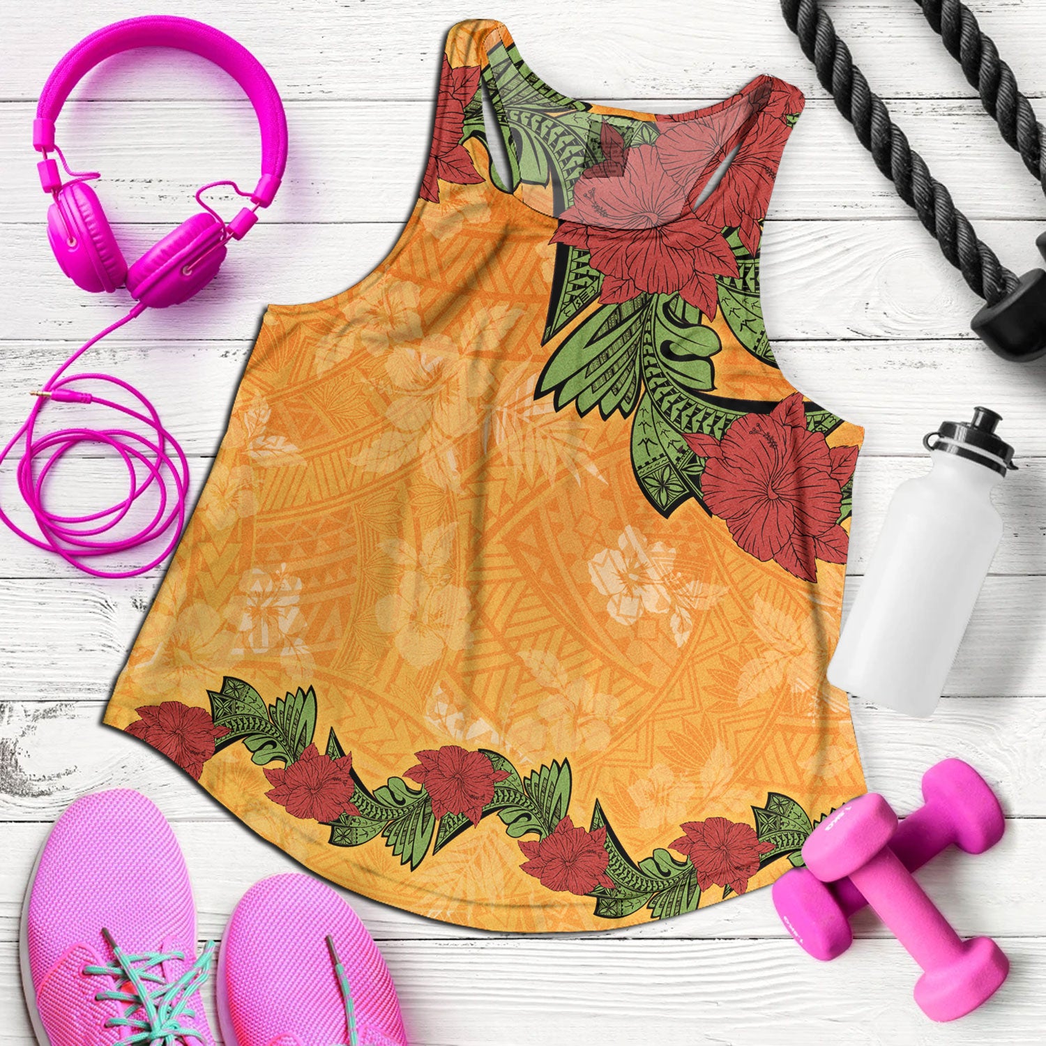 Polynesian Women Tank Tropical Flowers Polynesian Tribal Motif