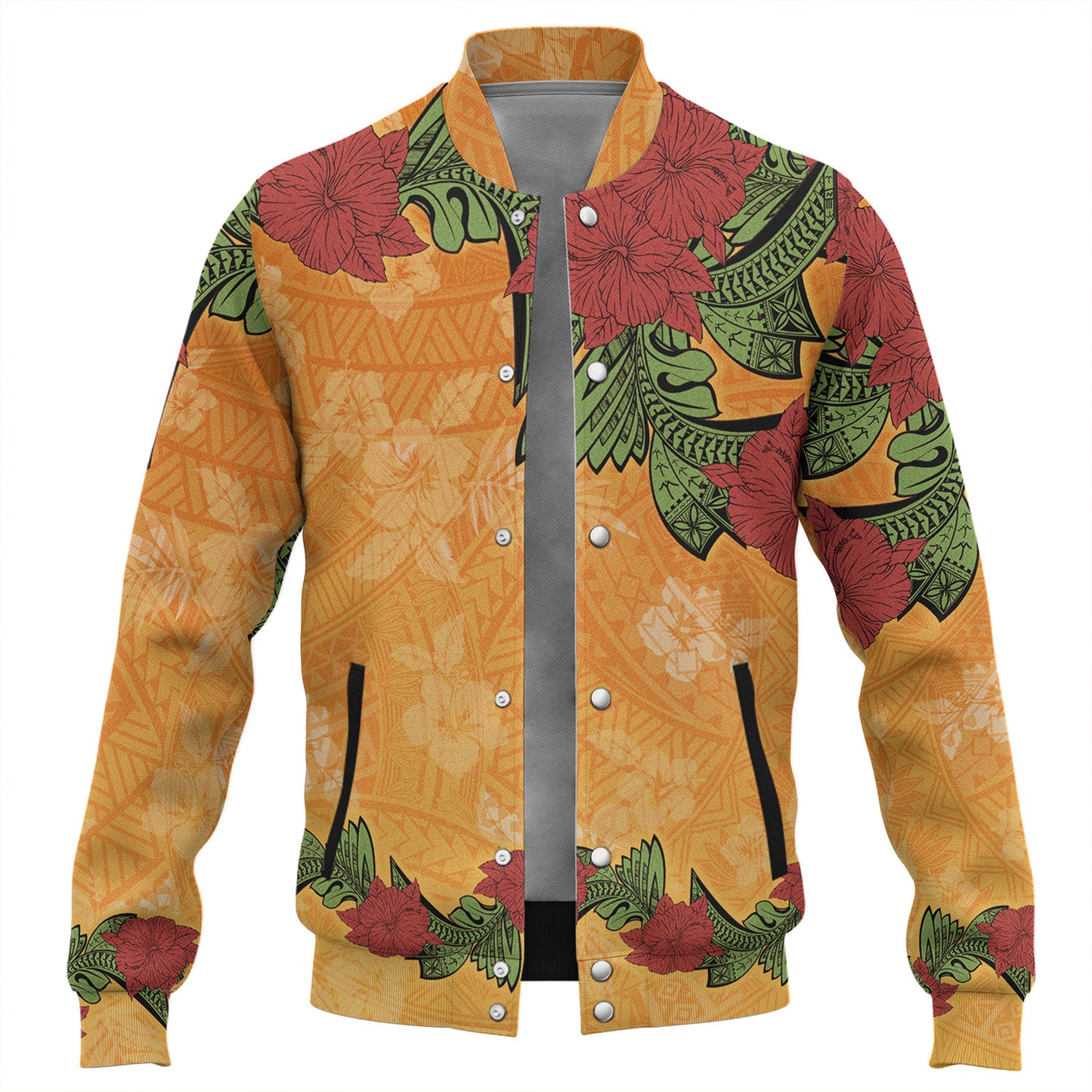 Polynesian Baseball Jacket Tropical Flowers Polynesian Tribal Motif