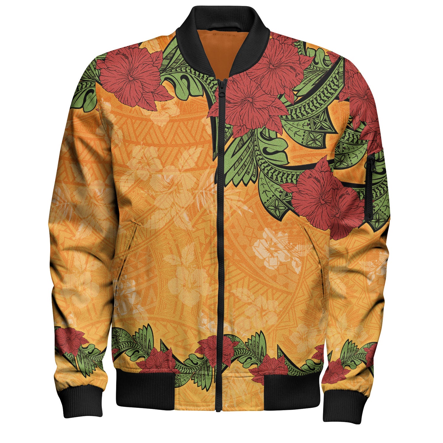 Polynesian Bomber Jacket Tropical Flowers Polynesian Tribal Motif