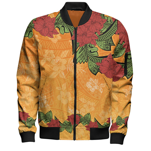 Polynesian Bomber Jacket Tropical Flowers Polynesian Tribal Motif