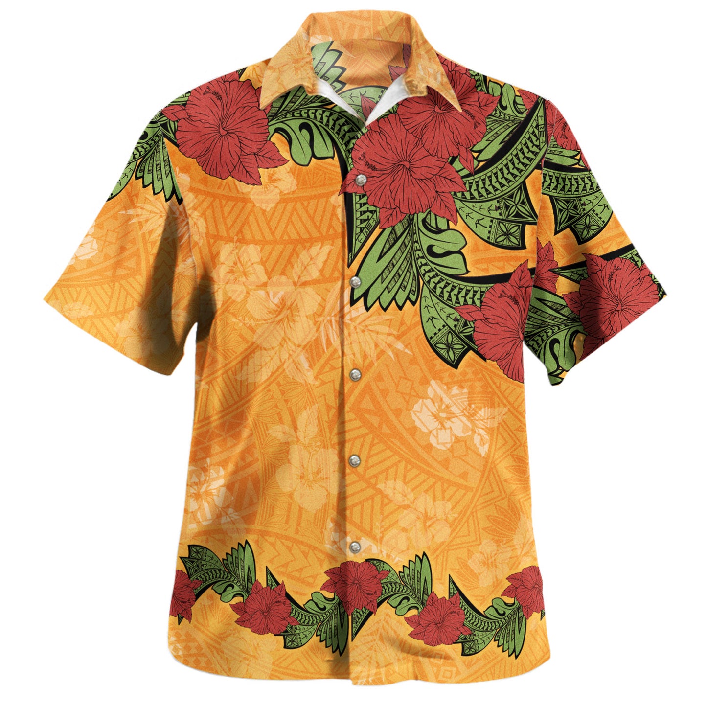 Polynesian Hawaiian Shirt Tropical Flowers Polynesian Tribal Motif