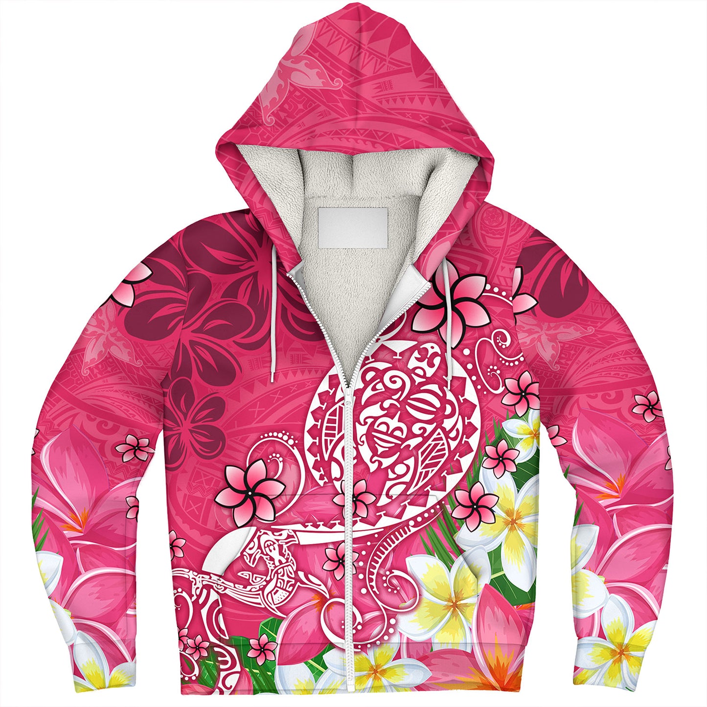 Polynesian Sherpa Hoodie Turtle Plumeria Pink Color