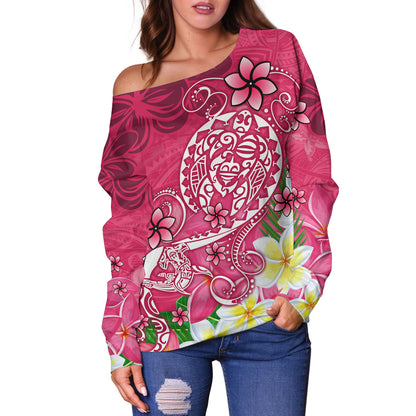 Polynesian Off Shoulder Sweatshirt Turtle Plumeria Pink Color