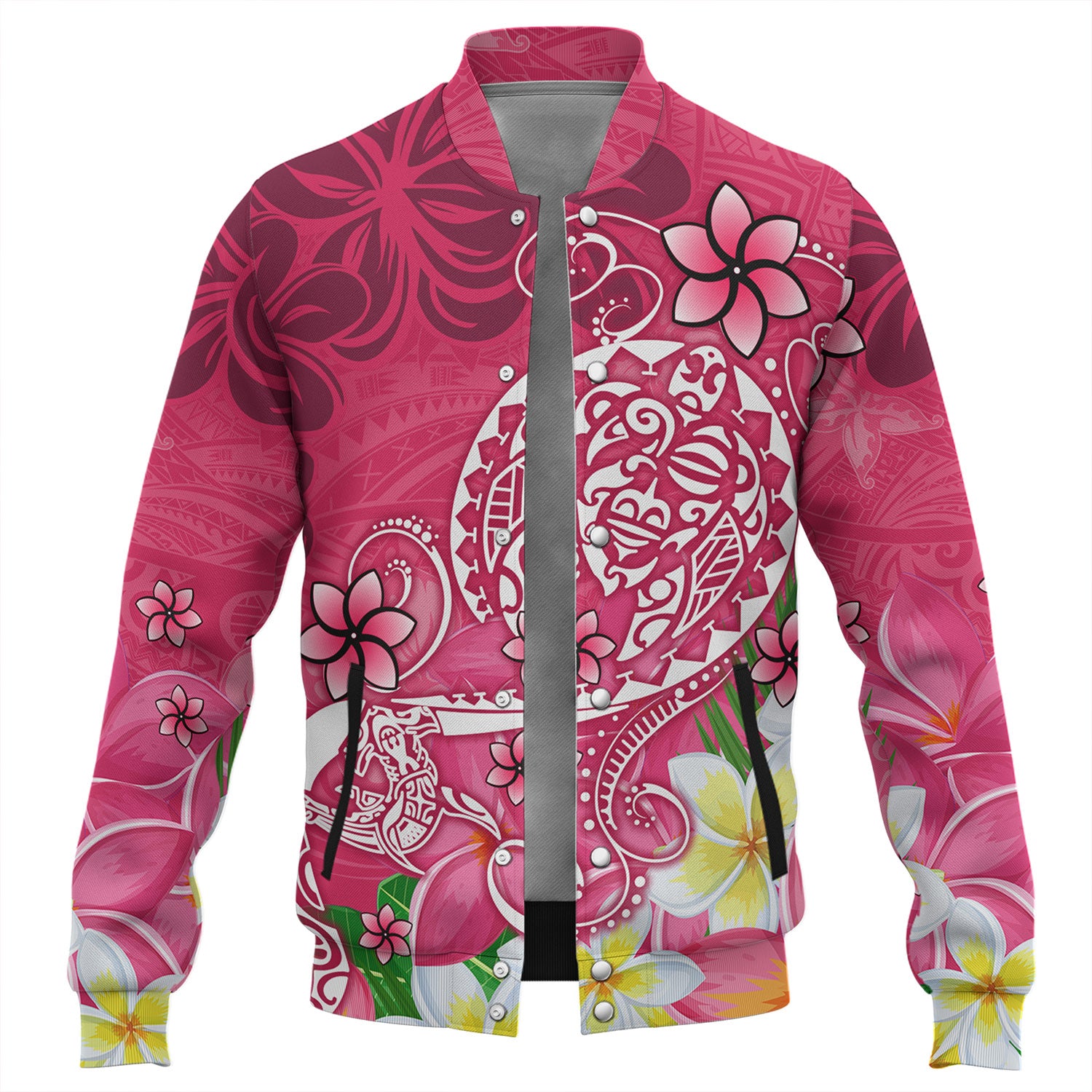 Polynesian Baseball Jacket Turtle Plumeria Pink Color