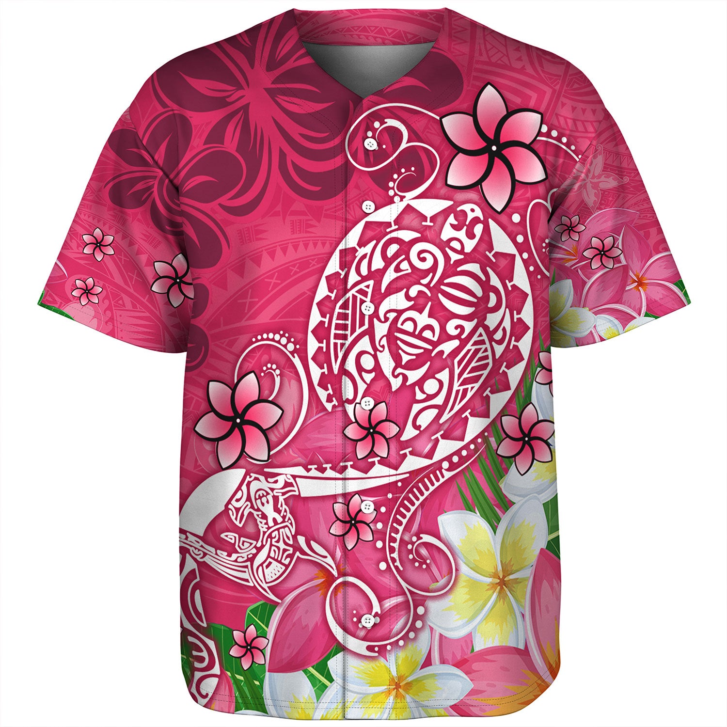Polynesian Baseball Shirt Turtle Plumeria Pink Color