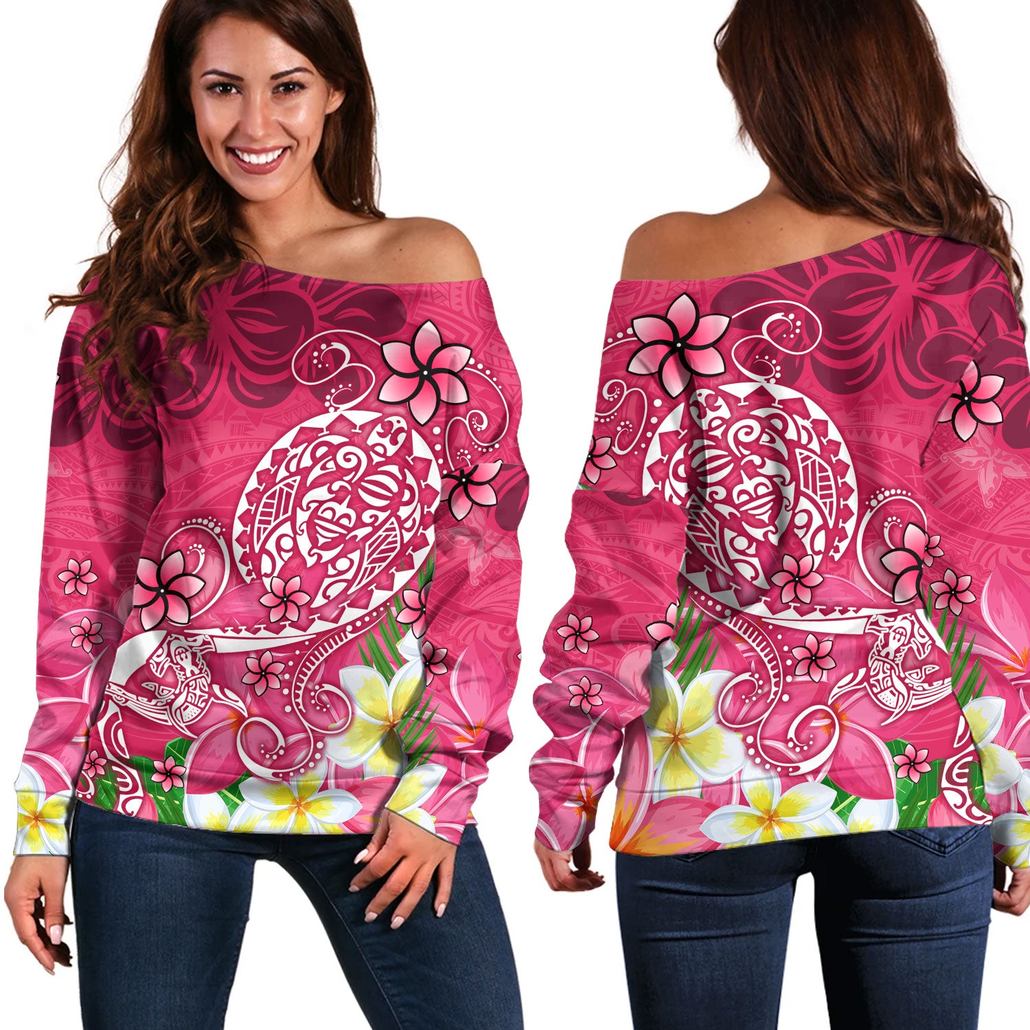 Polynesian Off Shoulder Sweatshirt Turtle Plumeria Pink Color