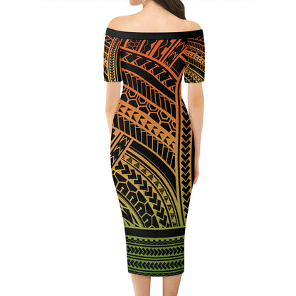 Hawaii Short Sleeve Off The Shoulder Lady Dress Polynesian Pattern Tattoo Reggae