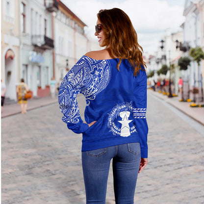 Northern Mariana Islands Off Shoulder Sweatshirt Polynesian Flag With Coat Of Arms