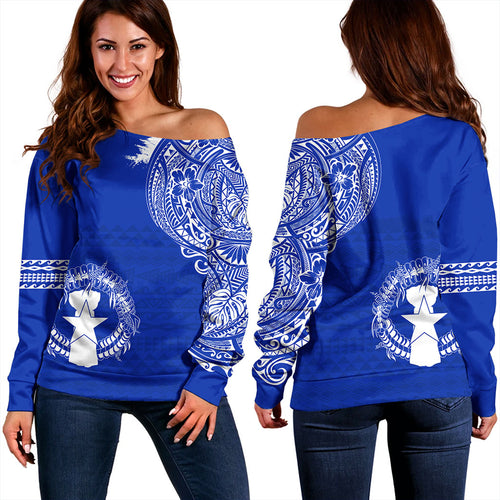 Northern Mariana Islands Off Shoulder Sweatshirt Polynesian Flag With Coat Of Arms