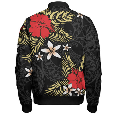 Polynesian Bomber Jacket Hibiscus Plumeria Flowers Polynesian Tribal Motif Patterns