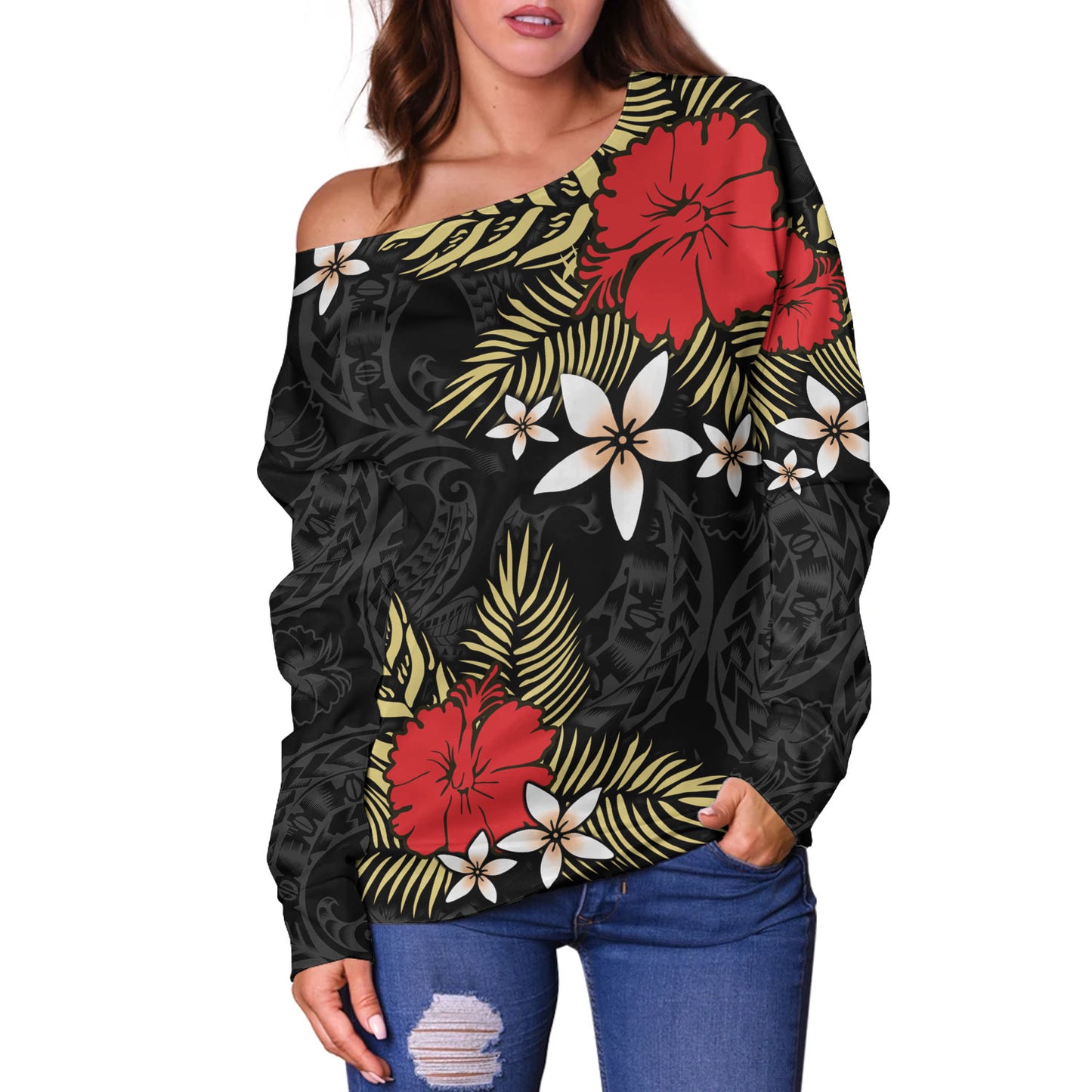 Polynesian Off Shoulder Sweatshirt Hibiscus Plumeria Flowers Polynesian Tribal Motif Patterns