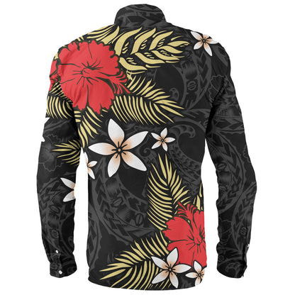 Polynesian Long Sleeve Shirt Hibiscus Plumeria Flowers Polynesian Tribal Motif Patterns