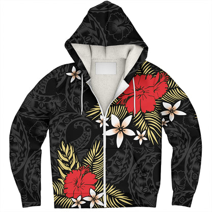Polynesian Sherpa Hoodie Hibiscus Plumeria Flowers Polynesian Tribal Motif Patterns