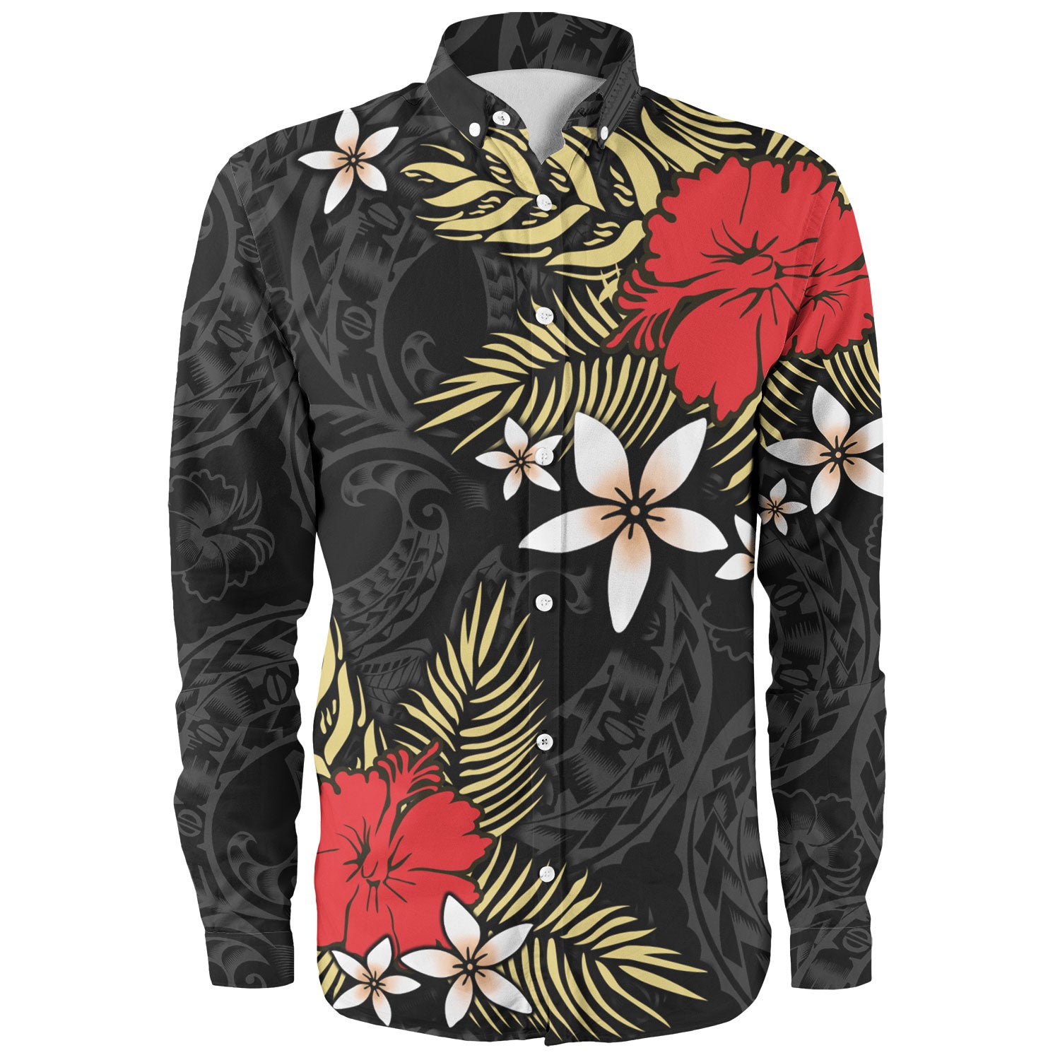 Polynesian Long Sleeve Shirt Hibiscus Plumeria Flowers Polynesian Tribal Motif Patterns