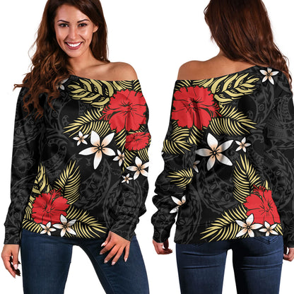 Polynesian Off Shoulder Sweatshirt Hibiscus Plumeria Flowers Polynesian Tribal Motif Patterns