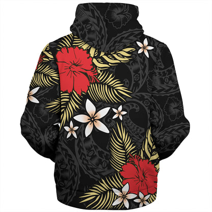 Polynesian Sherpa Hoodie Hibiscus Plumeria Flowers Polynesian Tribal Motif Patterns