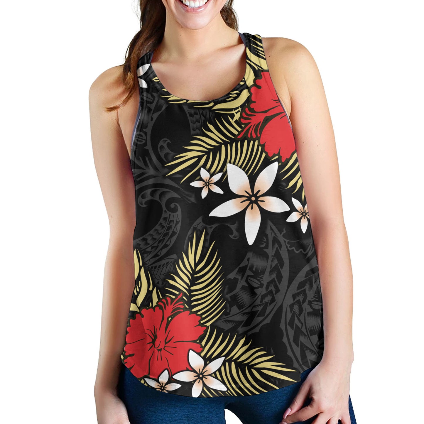 Polynesian Women Tank Hibiscus Plumeria Flowers Polynesian Tribal Motif Patterns