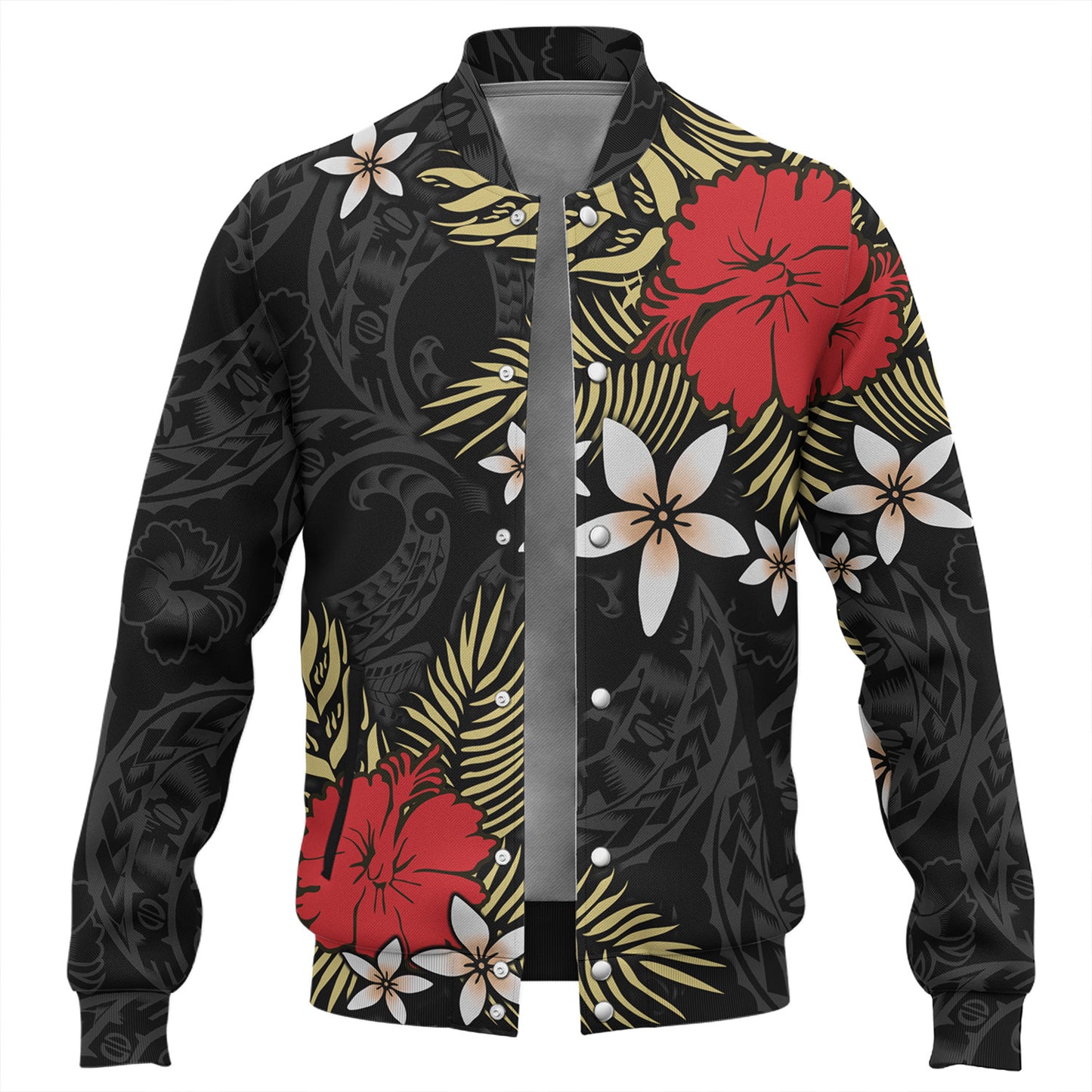 Polynesian Baseball Jacket Hibiscus Plumeria Flowers Polynesian Tribal Motif Patterns