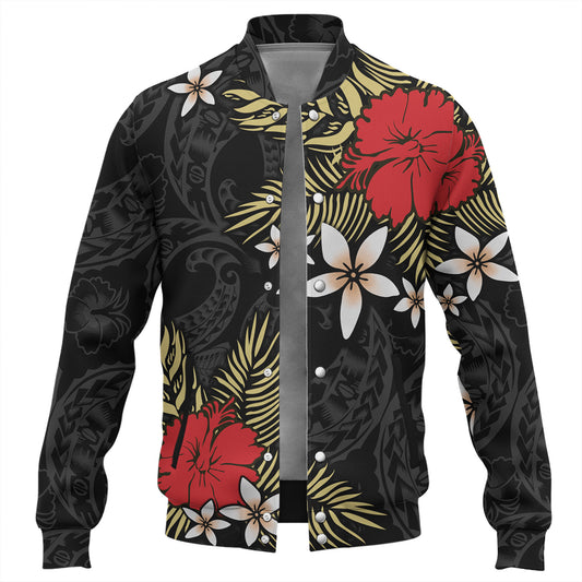 Polynesian Baseball Jacket Hibiscus Plumeria Flowers Polynesian Tribal Motif Patterns