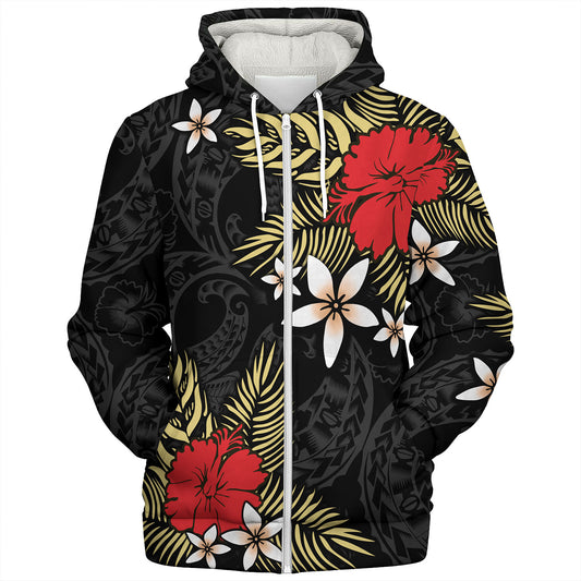 Polynesian Sherpa Hoodie Hibiscus Plumeria Flowers Polynesian Tribal Motif Patterns