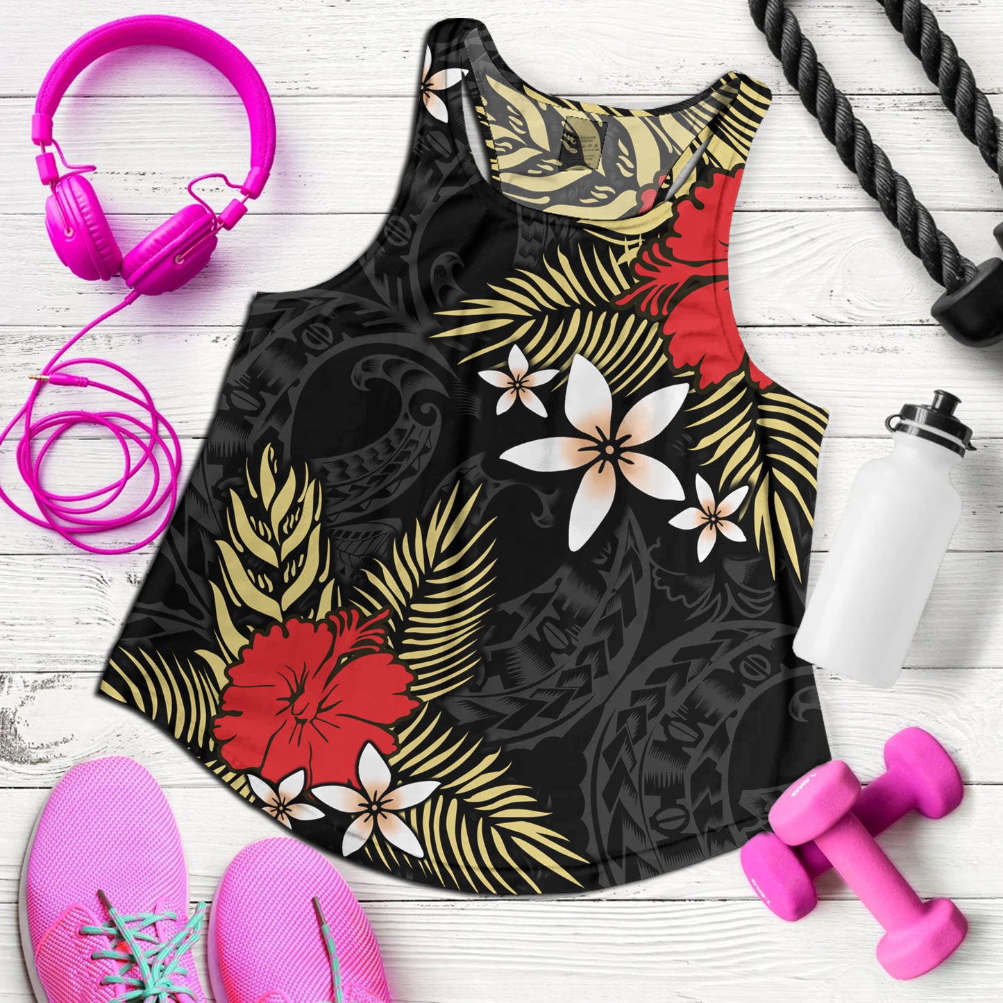 Polynesian Women Tank Hibiscus Plumeria Flowers Polynesian Tribal Motif Patterns