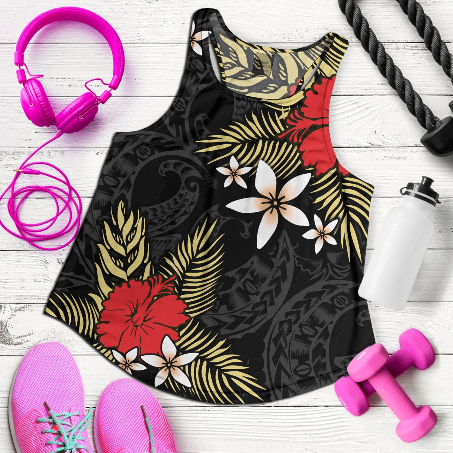 Polynesian Women Tank Hibiscus Plumeria Flowers Polynesian Tribal Motif Patterns