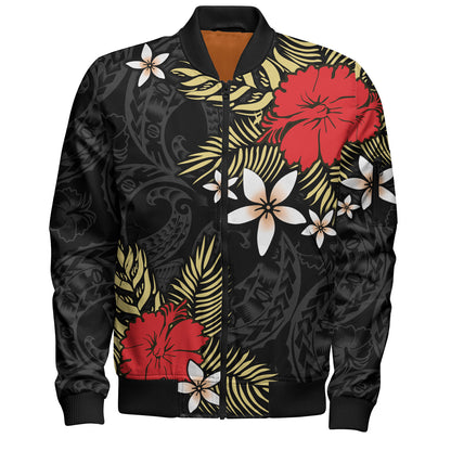 Polynesian Bomber Jacket Hibiscus Plumeria Flowers Polynesian Tribal Motif Patterns