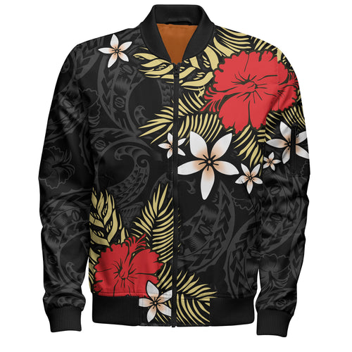 Polynesian Bomber Jacket Hibiscus Plumeria Flowers Polynesian Tribal Motif Patterns