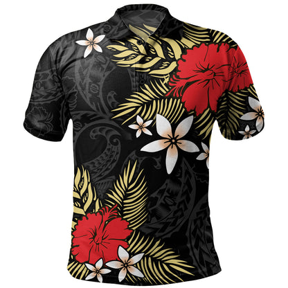 Polynesian Polo Shirt Hibiscus Plumeria Flowers Polynesian Tribal Motif Patterns