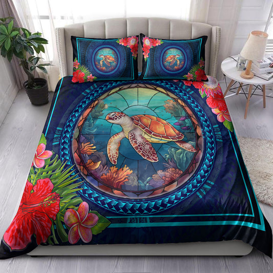 Hawaii Bedding Set Polynesian Patterns Turtle Mascot WaterColor Style
