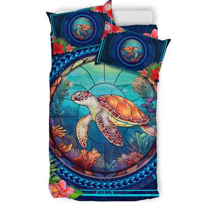 Hawaii Bedding Set Polynesian Patterns Turtle Mascot WaterColor Style