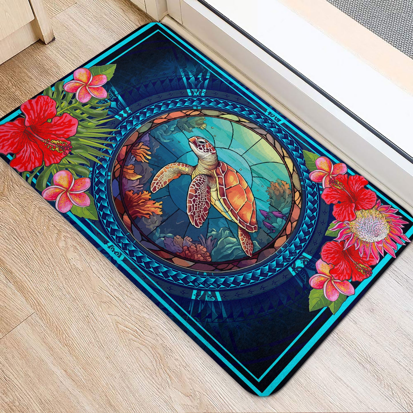 Hawaii Door Mat Polynesian Patterns Turtle Mascot WaterColor Style