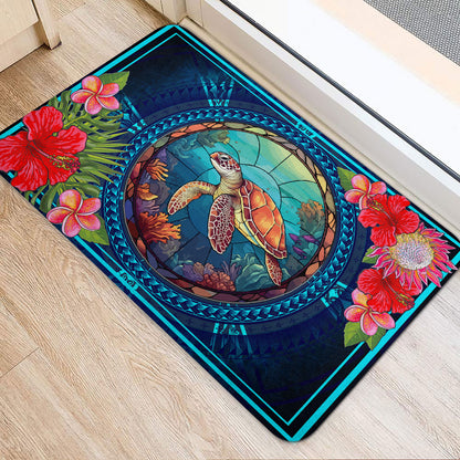 Hawaii Door Mat Polynesian Patterns Turtle Mascot WaterColor Style